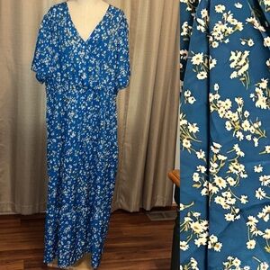 Blue and White Casual Maxi Floral Sundress Dolman Sleeves Womens Plus Size 4XL